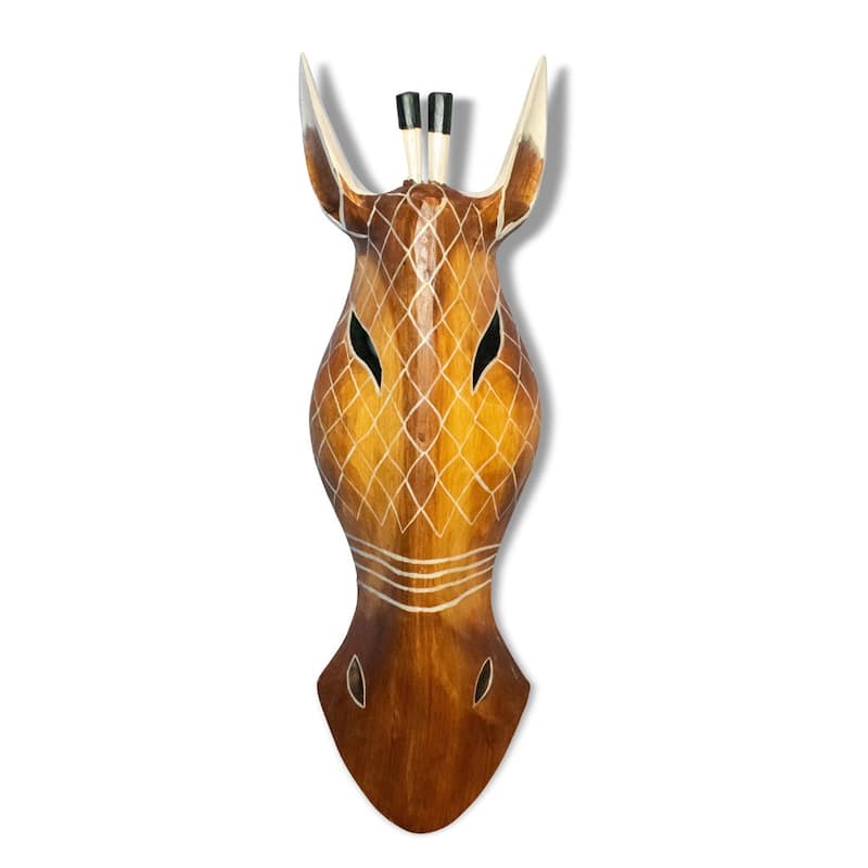 Wooden Tribal Giraffe Mask Brown White Hand Carved Wall Plaque Hanging Home Decor Accent Unique Sculpture Decoration Handmade - 12" Tall x 5" Wide x 1.5" Deep