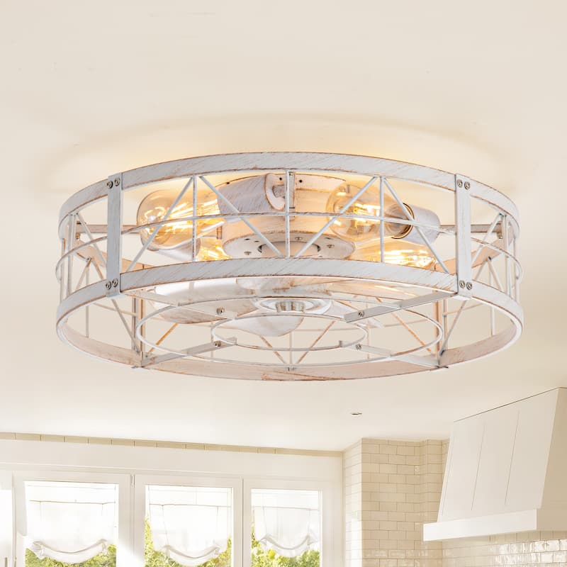 20" 7-Blade Flush Mount Caged Ceiling Fan with Light Remote