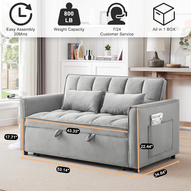 3 in 1 Convertible Sleeper Sofa Bed, Futon Couches for Living Room with Side Pocket, Adjustable Backrest