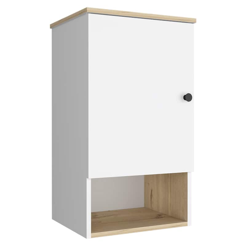 Single Door Medicine Cabinet with One Open Shelf and Two Interior Shelves, Light Oak/White, 28" High - 16.2X13.8 in