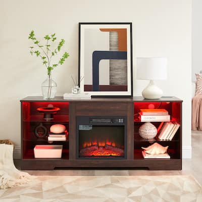 Espresso 58" Fireplace TV Stand with Glass Shelves, LED Lights and USB Charging Outlet for TVs Up to 62"