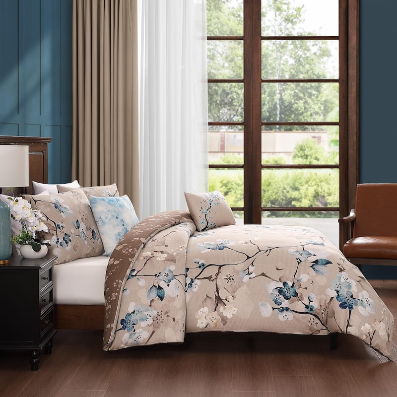 Bebejan Blue Blossom 100% Cotton Sateen 5 Piece Reversible Comforter Set