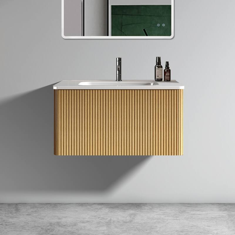 24 Inch Striped Walnut Bathroom Vanity with White Ceramic Sink,Wall Mounted Floating Bathroom Vanity for Modern Bathroom - White+Oak