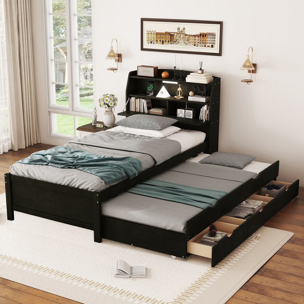Wooden LED Platform Bed Frame with Pull Out Trundle, Drawers and Storage Headboard