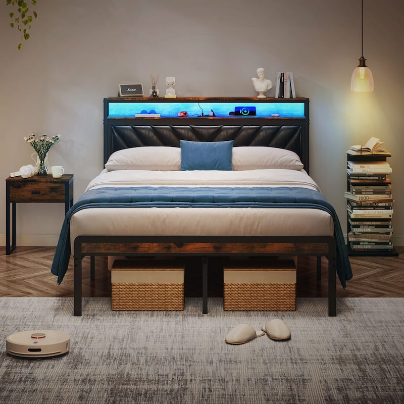 Full Size Metal Bed Frame with Adjustable Upholstered Headboard, RGB LED Lights, Charging Station, Noiseless, Black & Brown