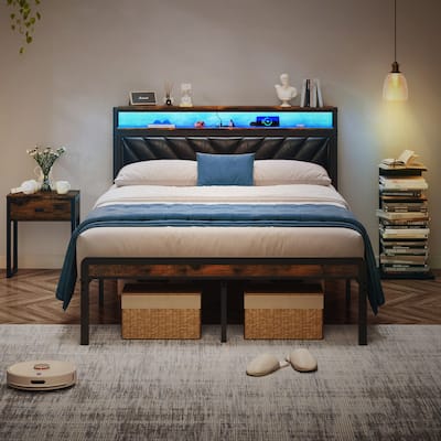 Queen Size Metal Platform Bed with Adjustable Upholstered Headboard, LED Lights, and Charging Station