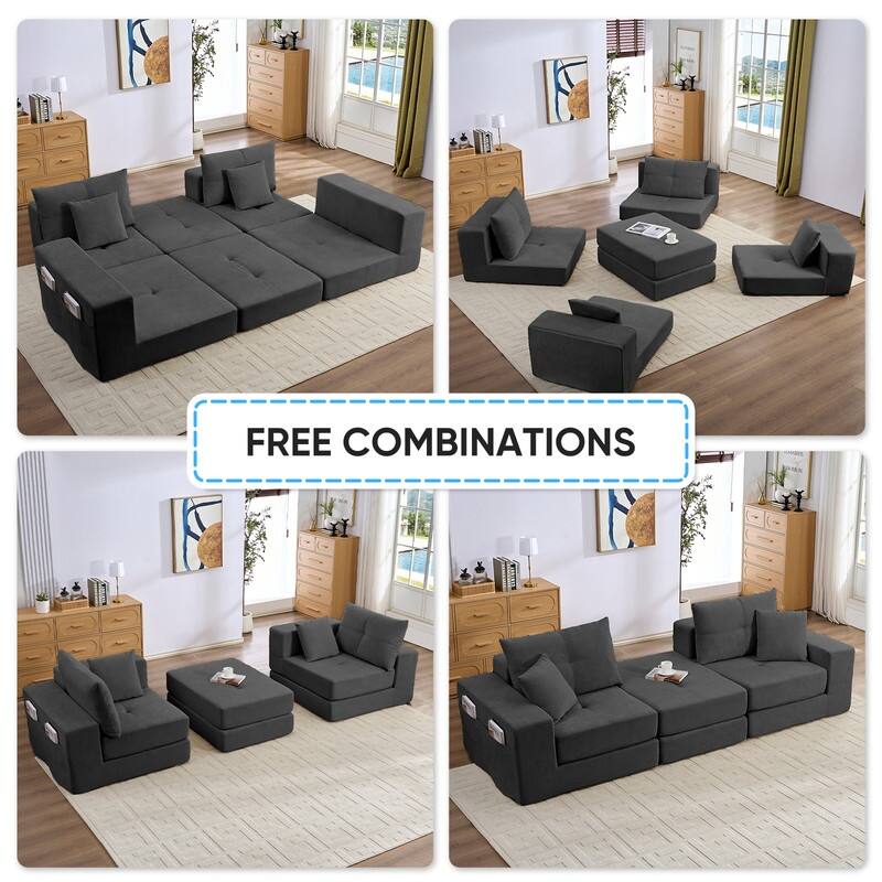 Mixoy 6-PCS Double Deep Seat Modular Sectional Sofa,Free Combinations Modern Chenille Sleeper Sofa Bed,No Assembly Required