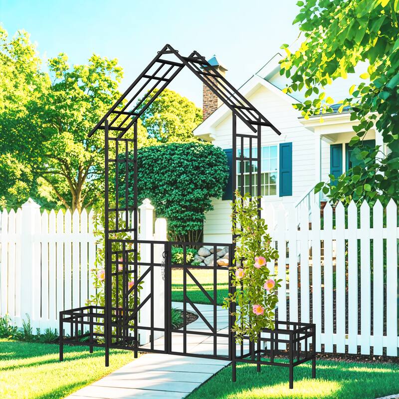 Metal Garden Arch with Gate with planter W80.71*H97.24 Climbing Plants Support Rose Arch Outdoor