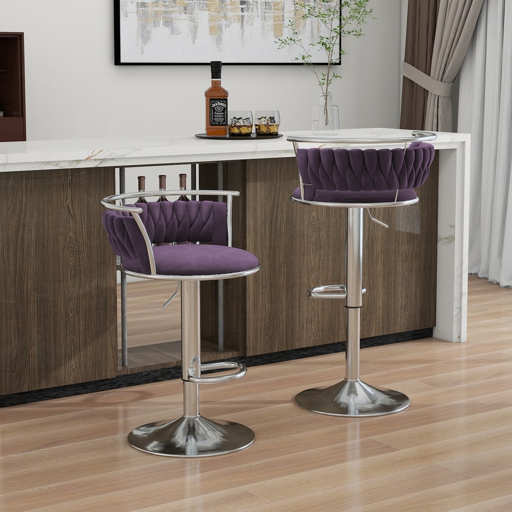 2 Set Velvet Swivel Adjustable Bar Stools with Footrest