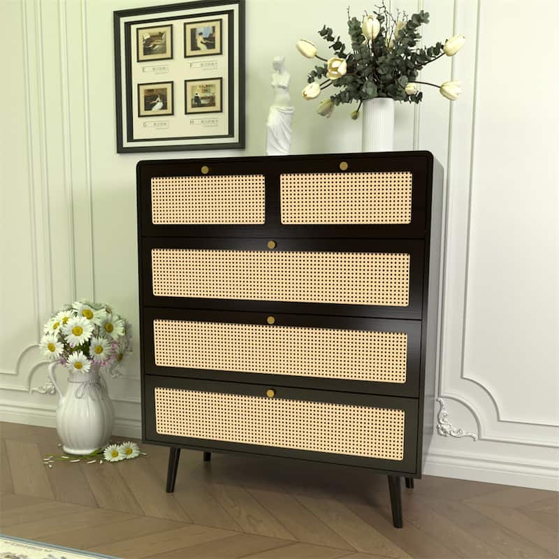 4 Drawer Modern Rattan Dresser Chest w/ Wide Drawers and Metal Handles