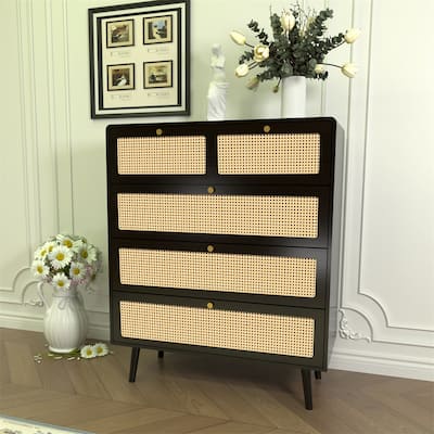 Modern Rattan 4 Dresser Chest with Wide Wood Drawers and Metal Handles