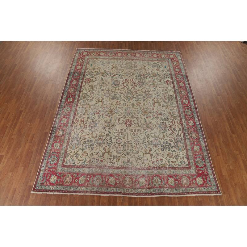All-Over Distressed Tabriz Vintage Persian Rug Handmade Wool Carpet - 9'5" x 12'5"