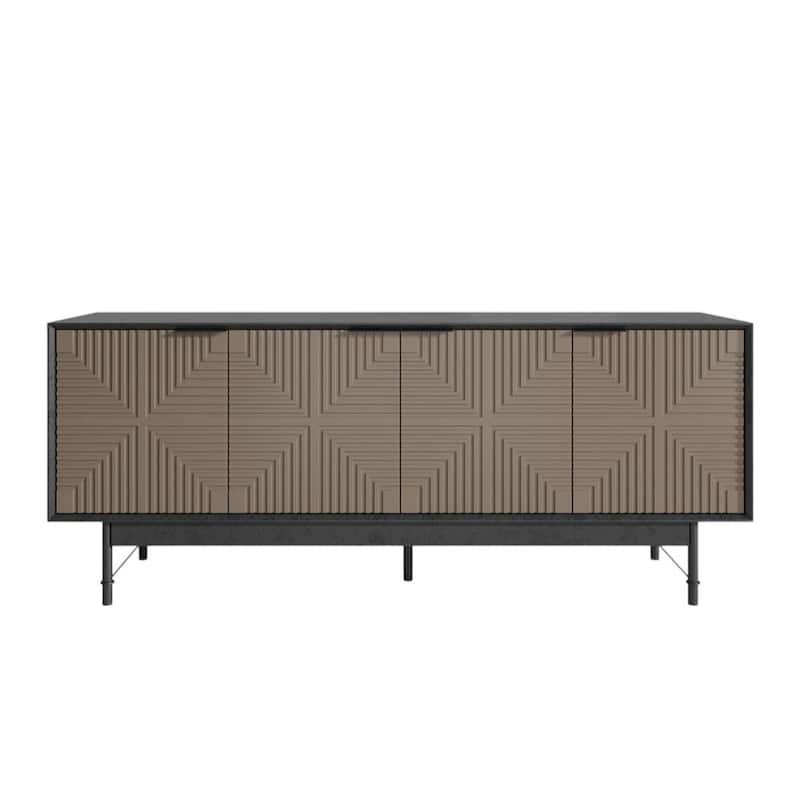 HomeRoots 65" Beige And Black Wood Carved Geo Texture Enclosed Storage TV Stand - 64.50 in. x 26.06 in. x 15.35 in.