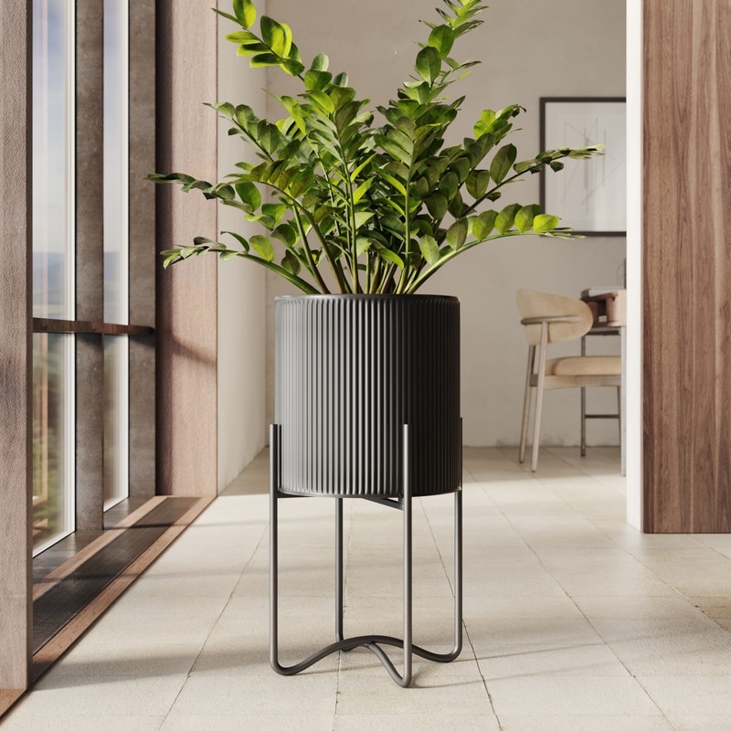 flyout slide 7 of 18, Everett Black Mid-Century Modern Planter with Tall Metal Base 25.25" H  x 13.25" W - Black