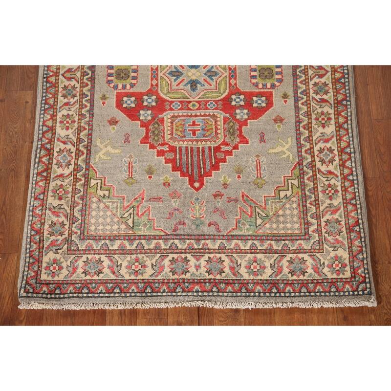 Kazak Oriental Accent Rug Hand-Knotted Grey Wool Carpet - 3'2"x 5'0"