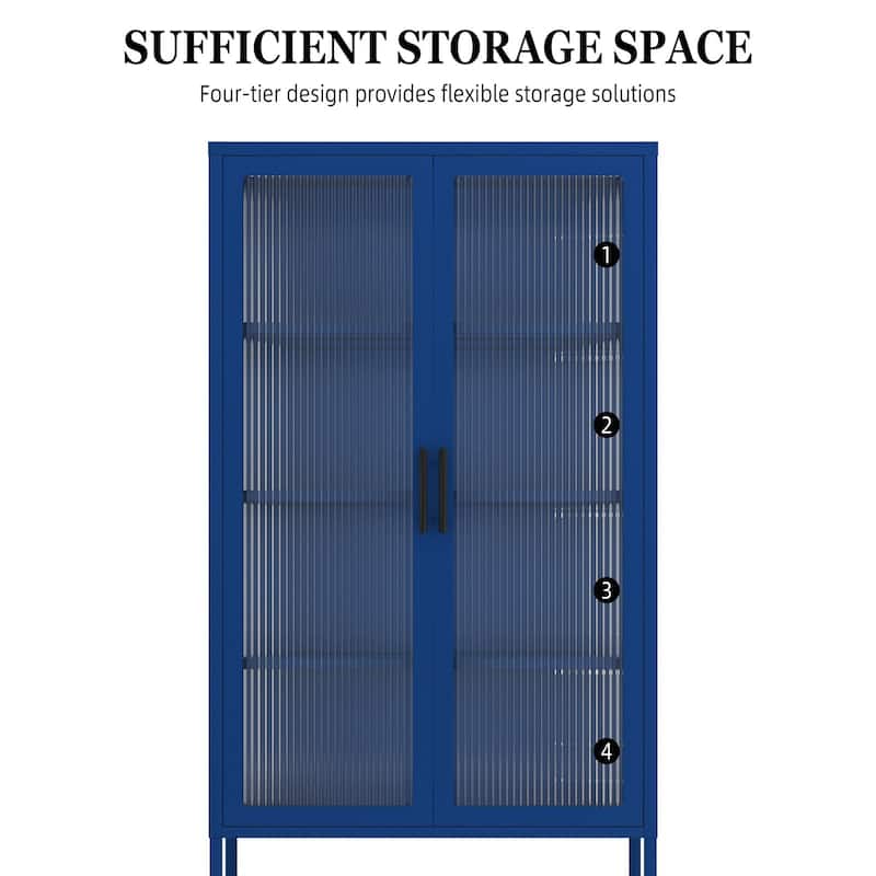 Modern Glass Door Cabinet with Adjustable Shelves Steel Storage Sideboard