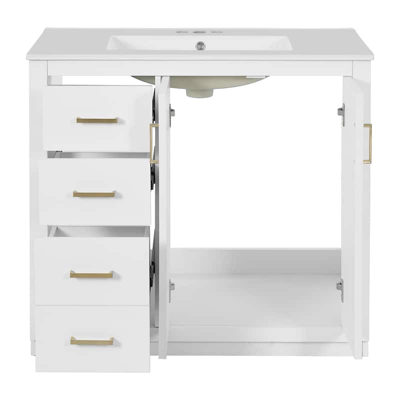 Roomfitters 36 Inch Bathroom Vanity with Ceramic Sink Combo, Solid Wood Frame Storage Cabinet with 3 Drawers