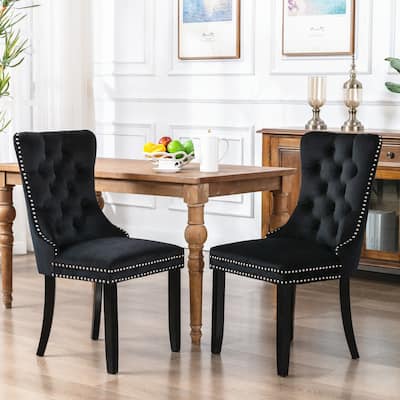 High-end Tufted Solid Wood Flax Upholstered Linen Dining Chair with Wood Legs Nailhead Trim 2-Pcs Set,Black Linen