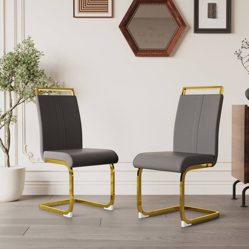High Back Upholstered Side Chair with C-shaped Tube. Plating Golden Metal Legs (Set of 2) (Grey+PU)