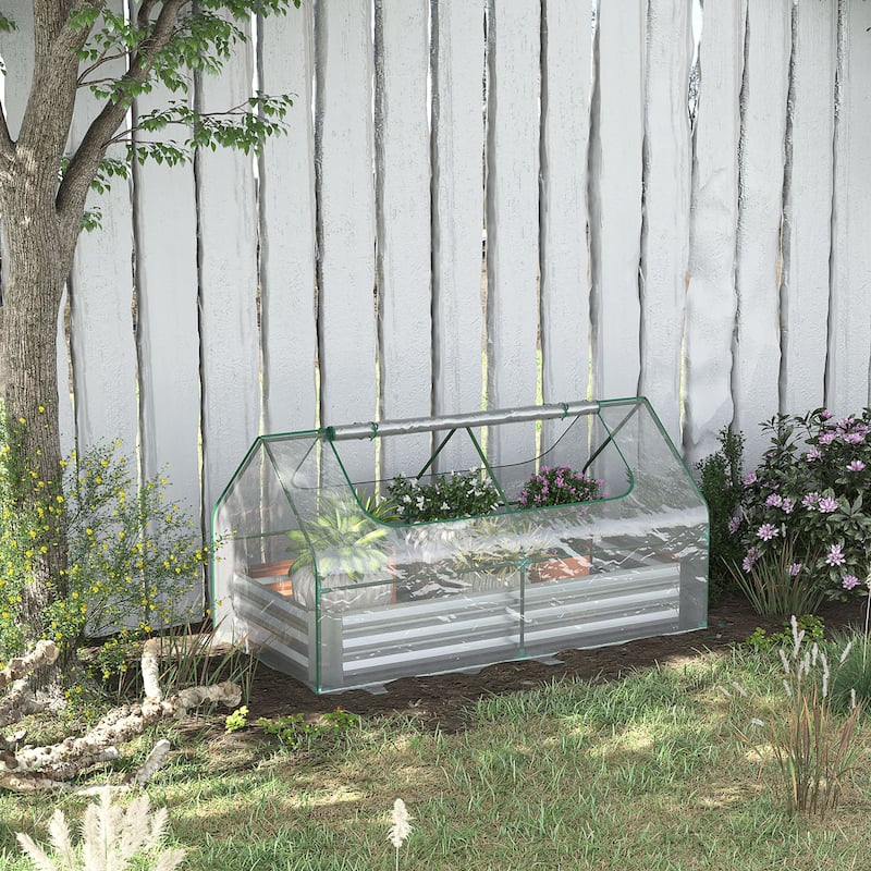 Outsunny Galvanized Raised Garden Bed with Mini Greenhouse Cover, Outdoor Metal Planter Box with 2 Roll-Up Windows - Mini