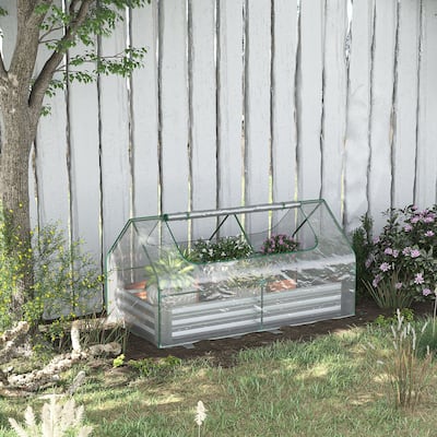 Outsunny Galvanized Raised Garden Bed with Mini Greenhouse Cover, Outdoor Metal Planter Box with 2 Roll-Up Windows