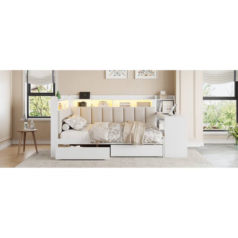 Full Daybed with Storage Shelves Built-in Charging Station LED Light, L-shape Upholstered Sofa Bed with 2 Drawers, Cabinet, Desk