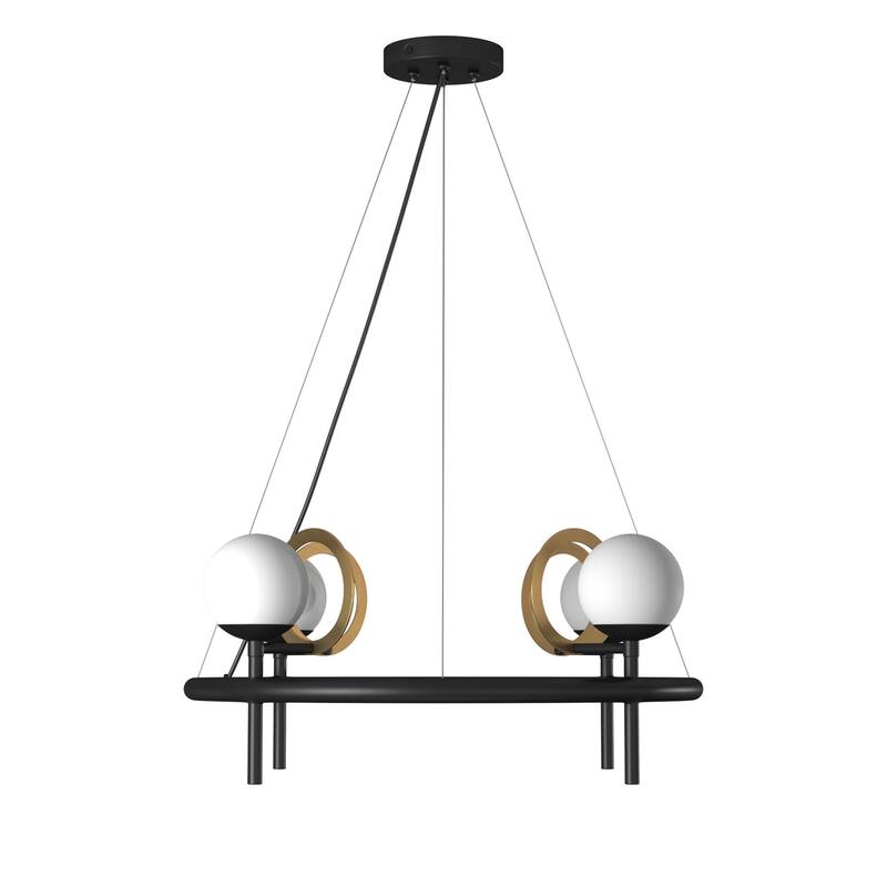 EVOLV Fusion Halo 4-Light Matte Black with Brass Ring Chandelier with Opal Glass