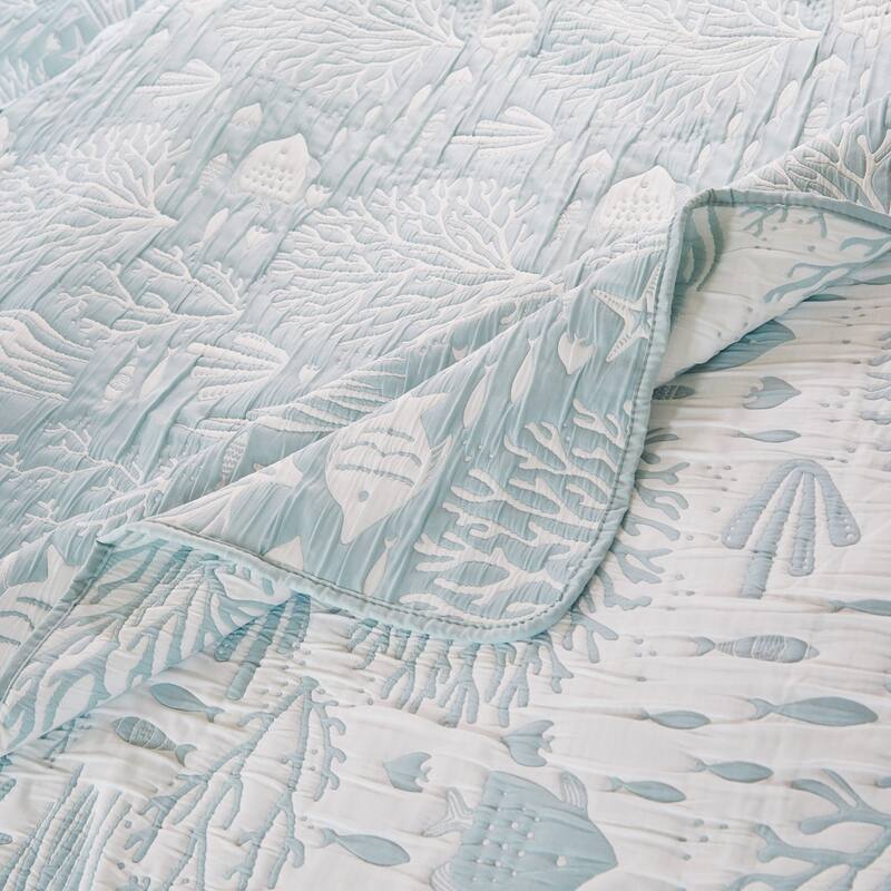 Amy 3pc Cal King Coverlet and Pillow Sham Set, Coastal Design, Seafoam Blue