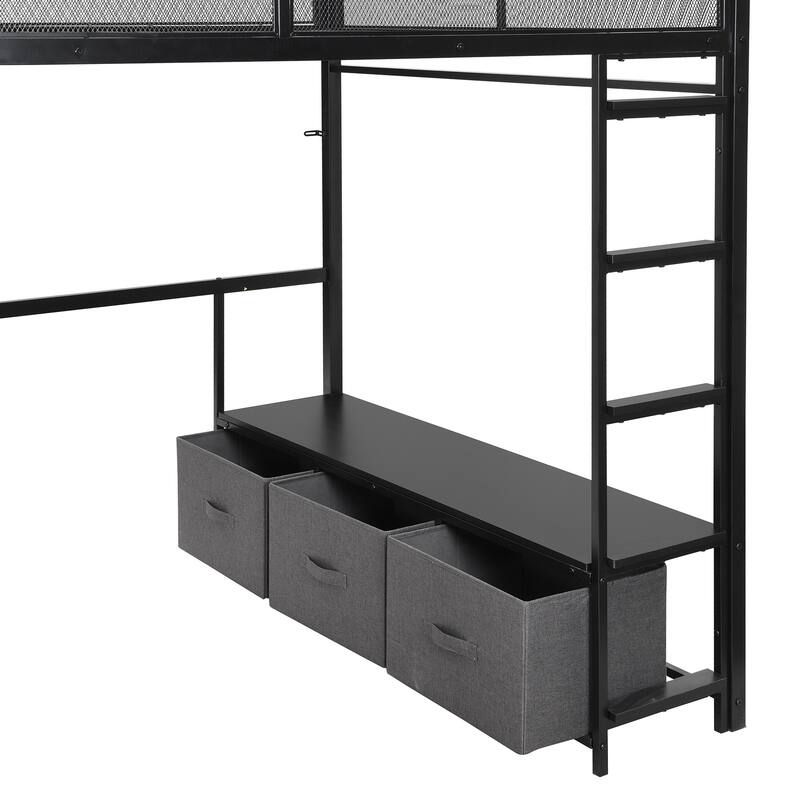 Full Size Black Metal Gaming Loft Bed with LED Lights, Built-in Desk, Wardrobe & 3 Storage Drawers
