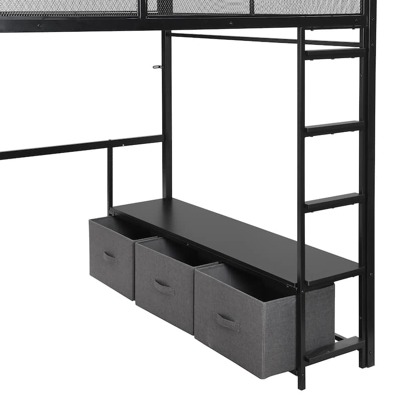 Full Size Metal Gaming Loft Bed with 16-Color LED, Study Desk & 3 Storage Drawers (400lb Capacity)