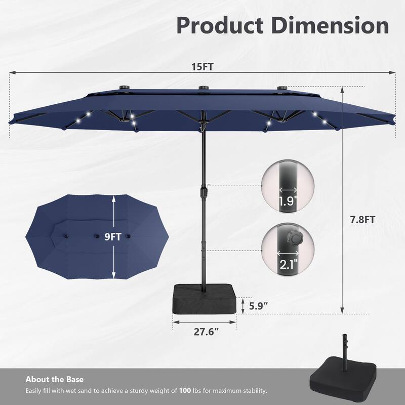 MAISON ARTS 15ft 2-Tier Large Patio Umbrella with Solar Lights, Double-Sided Outdoor Market Umbrellas with Base Included
