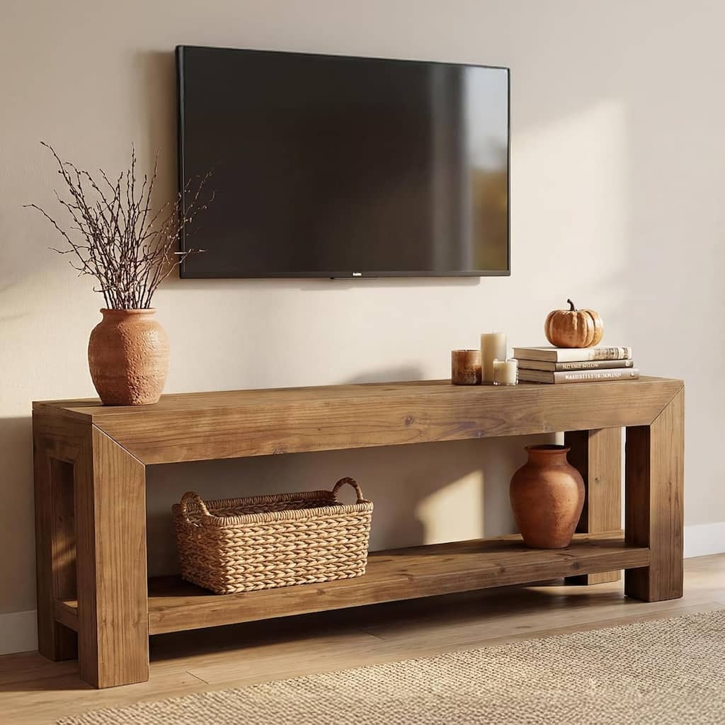 63" Solid Wood TV Stand for TVs up to 75'', 2-Tier TV Console Entertainment Center with Open Storage Shelves