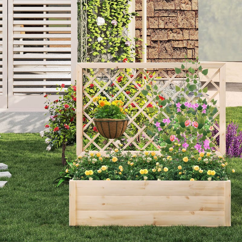 Costway 1/2 PCS 40" Wooden Raised Garden Bed with Lattice Trellis for - Natural