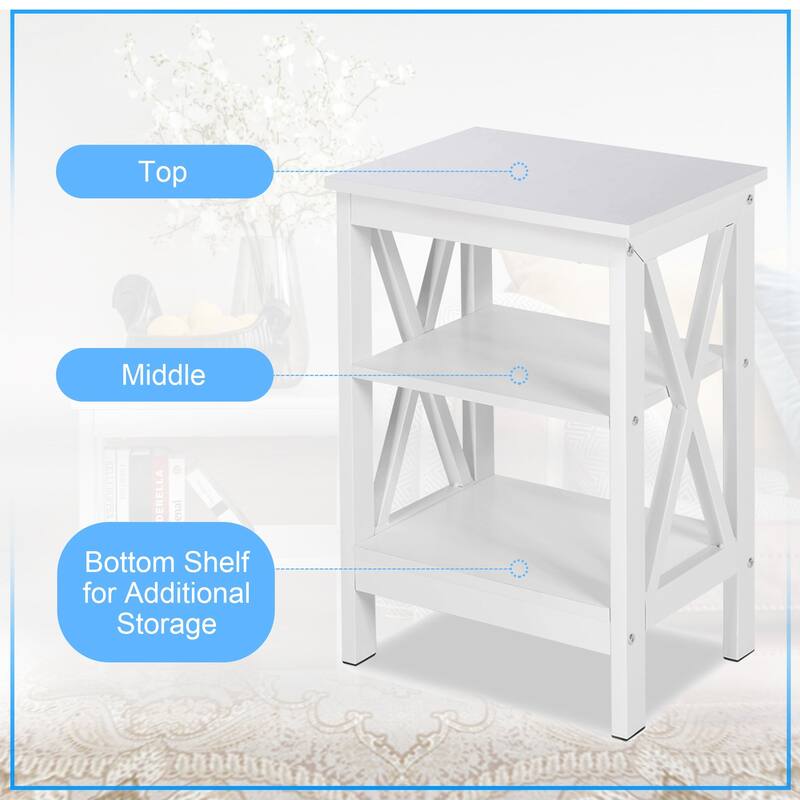 Javlergo Modern 3-Tier Nightstand X-Shape Metal Frame with MDF Open Shelves Easy Assembly for Bedroom Living Room