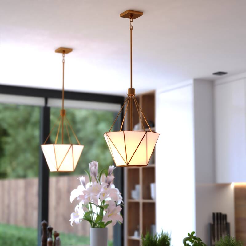 Burnett 3-Light Brass Mid-Century Modern Pendant, White Glass Shade, Adj Height Ceiling Chandelier Dining Room Fixture