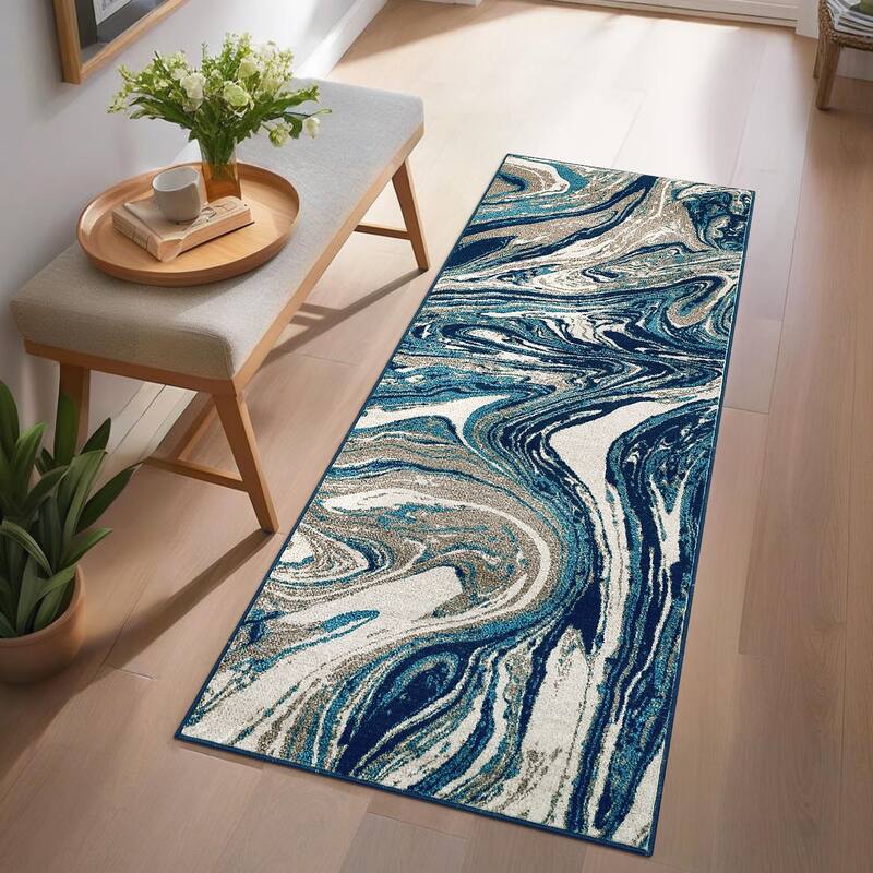 Washable Area Rugs for Living Room, Soft Modern Abstract Rug Non Slip Low Profile Carpets for Bedroom Dining Room - 2'x6' - Turquoise