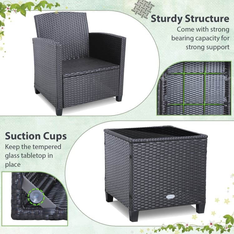 3 Pieces Rattan Patio Furniture Set with Washable Cushion - Chair: 26.5" x 26.5" x 30"