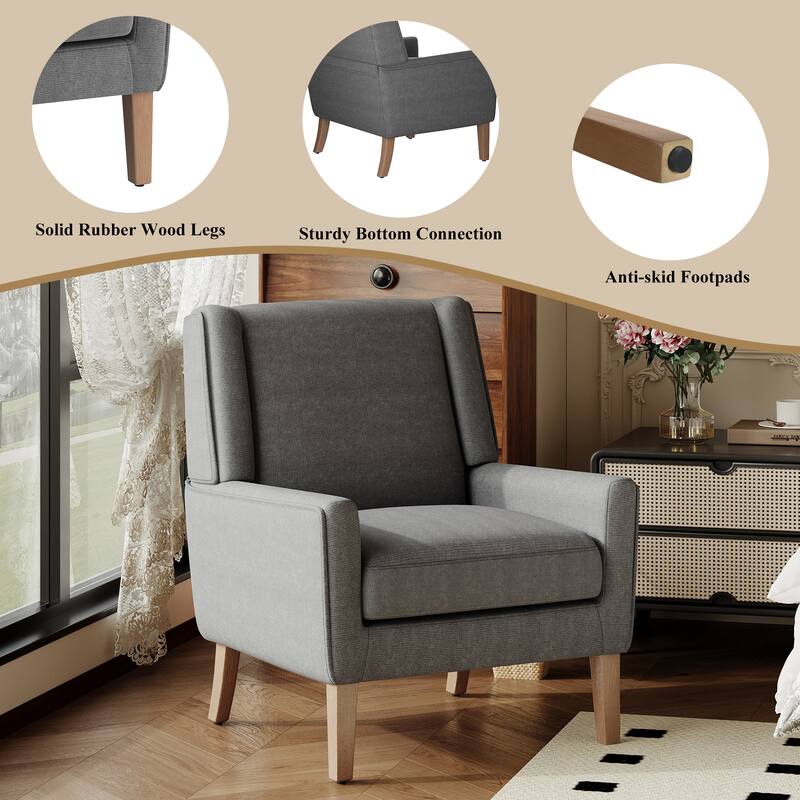 Mid-Century Linen Wing Chair - Tailored Channel Tufting & Walnut Tapered Legs, Compact Accent for Reading Nooks