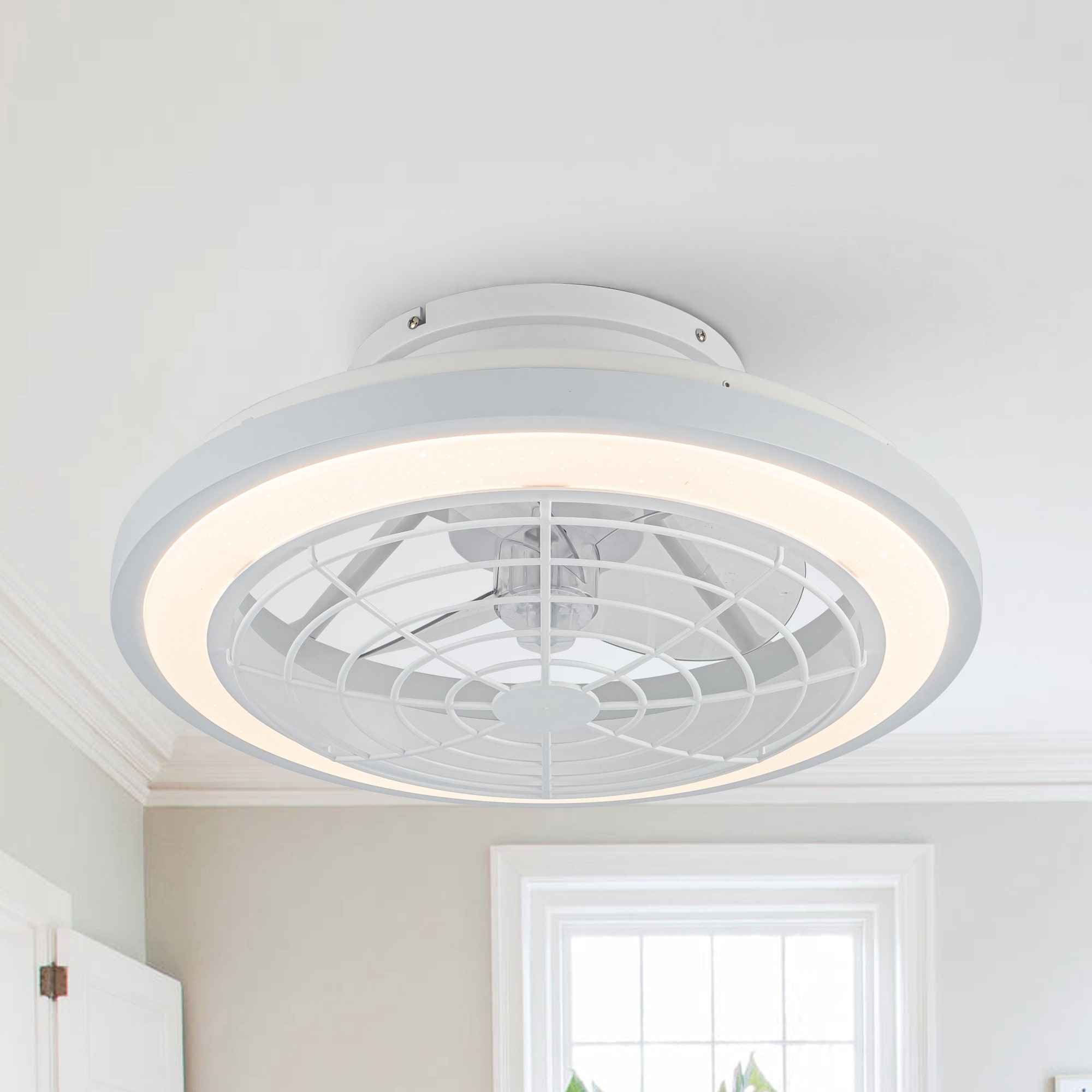 20" Modern White Dimmable Enclosed Caged Ceiling Fan with Light and Remote