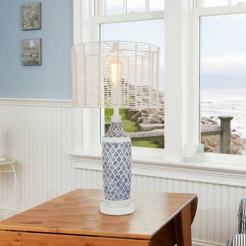 Madison River of Goods Blue and White Metal and Tan Rattan 25-Inch Table Lamp - 13" x 13" x 24.75"