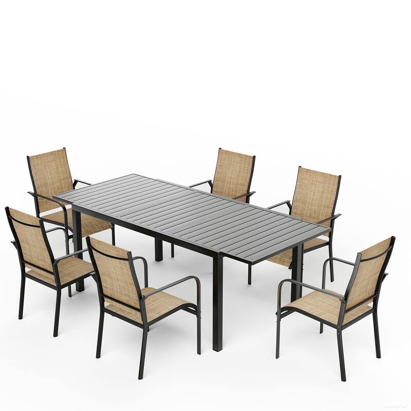 Patio Dining Set with Textilene Chairs / Swivel Rockers, Table w Adjustable Umbrella Hole