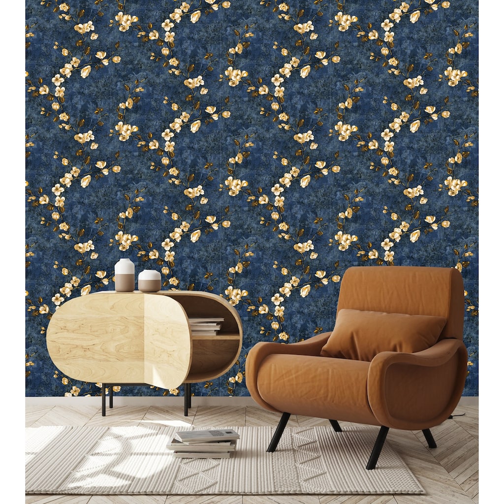Blue Gold Botanical, Sakura Gold Leaves, Seamless Weave Japanese Mural Wallpaper - Double Roll