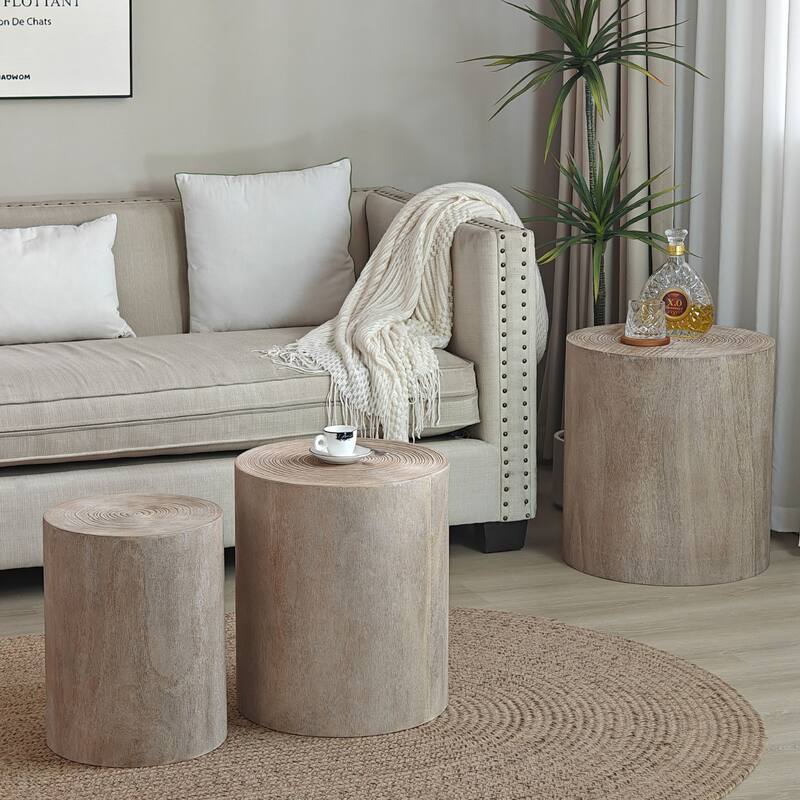 Roomfitters Round Wood Coffee Table Set of 3 with Natural Finish, Nesting Accent & Side Tables, Tree-Stump Design