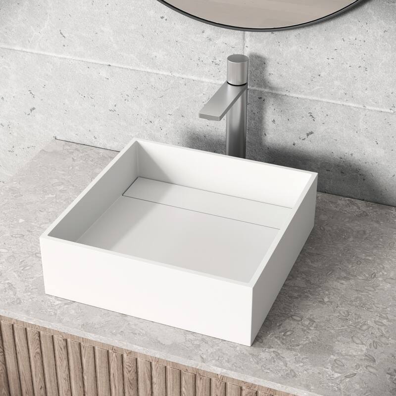 Vigo Montauk 15-1/8" Square Matte Stone Vessel Bathroom Sink - Matte White