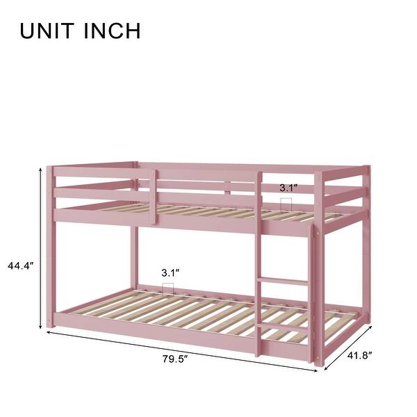 Pink Twin over Twin Size Wood Floor Bunk Bed with Ladder and Fence for Bedroom
