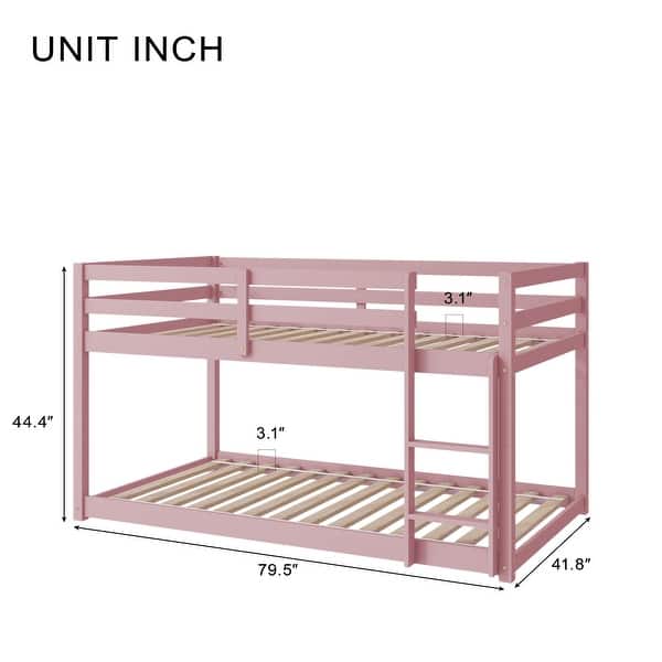 Stylish & Simple Twin over Twin Floor Bunk Bed with Built-in Ladder, Low Height Design, Safety and Quality Guaranteed, Pink
