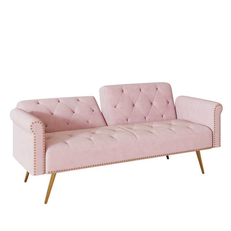 A 69.7-Inch-Long Sofa Bed Covered In Velvet Fabric, Featuring Nail Head Trim And Accompanied By A Matching Throw Pillow