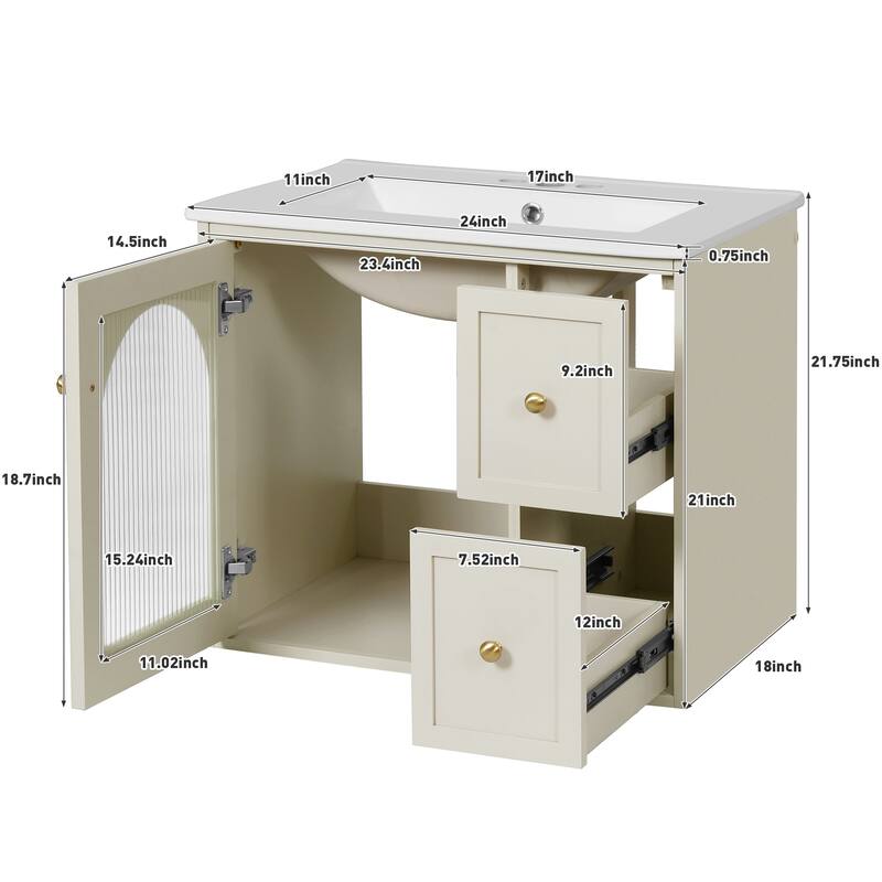 24'' Wall Mounted Bathroom Vanity with White Integrated Ceramic Sink - 24'' x 18'' x 21.75''