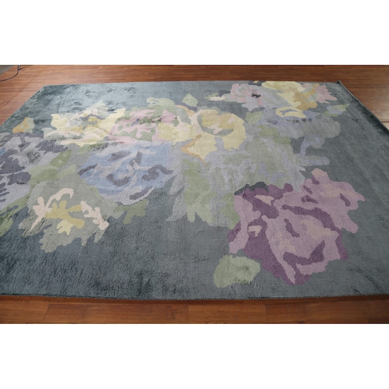 Abstract Indian Area Rug Handmade Contemporary Wool & Silk Carpet - 8'2"x 11'3"