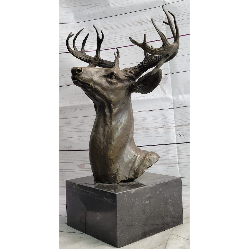 Elk Deer Reindeer Head Bronze Bust Sculpture Statue On Marble Base Lodge Cabin Decor